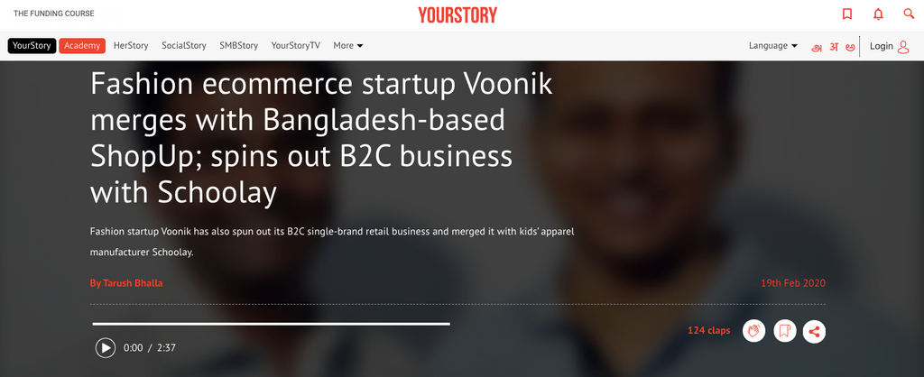 YOURSTORY article about Voonik merger with Schoolay