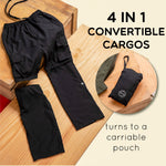 Black 4 in 1 Convertible Cargos Full Pant three quarters Shorts and Pouch