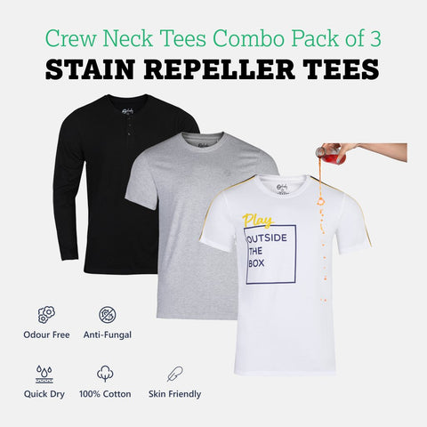 Pack of 3 Zero-Stain Crew Neck 100% Premium Cotton T-shirts (Full Sleeves, Crew Neck & Printed Tees)