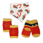 Anti Skid Infant Cotton Socks + Knee Pad + Bandana Drooling Bib (Red & Yellow) (0-2 Years)